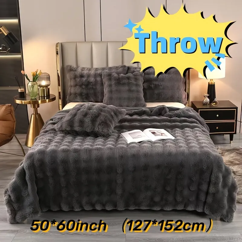 1pc Faux Rabbit Throw Blanket, Warm Cozy Bed Blanket, For Sofa Ruched Plush Fuzzy Elegant Soft Reversible, For Living Room Bedroom, Multi-purpose Gift Blanket For All Seasons