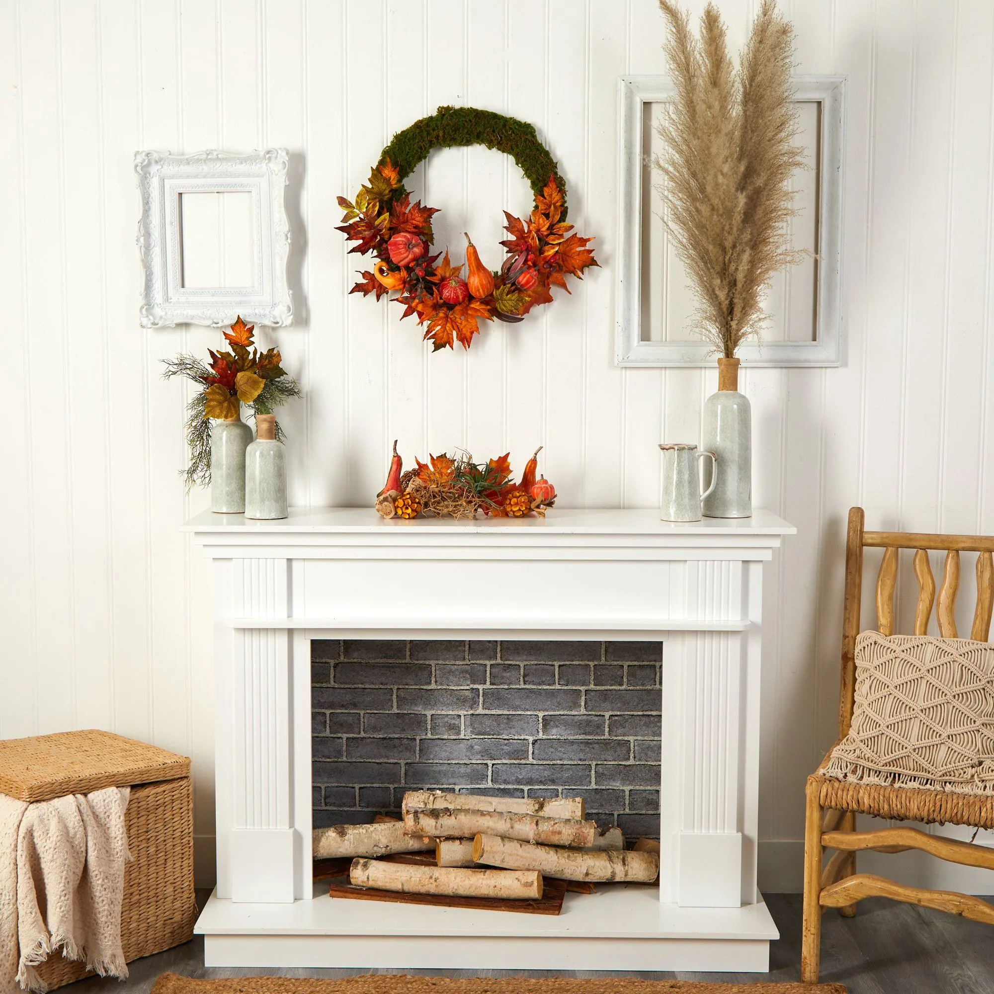 20” Autumn Pumpkin, Gourd and Fall Maple Leaf Artificial Wreath by Nearly Natural