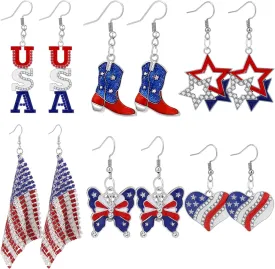 4th of July Earrings Fourth of July Independence Day Earrings for Women USA American Flag Patriotic Dangle Earrings for Women Gift 6Pairs