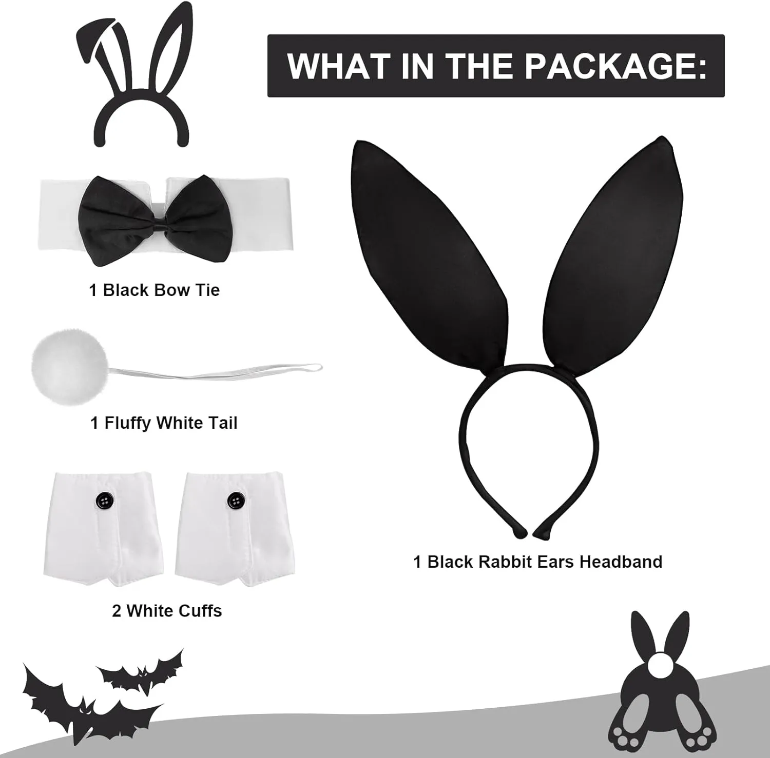 5-Piece Bunny Costume Accessory Set - Rabbit Ears Headband, Bow Tie, Cuffs, and Tail