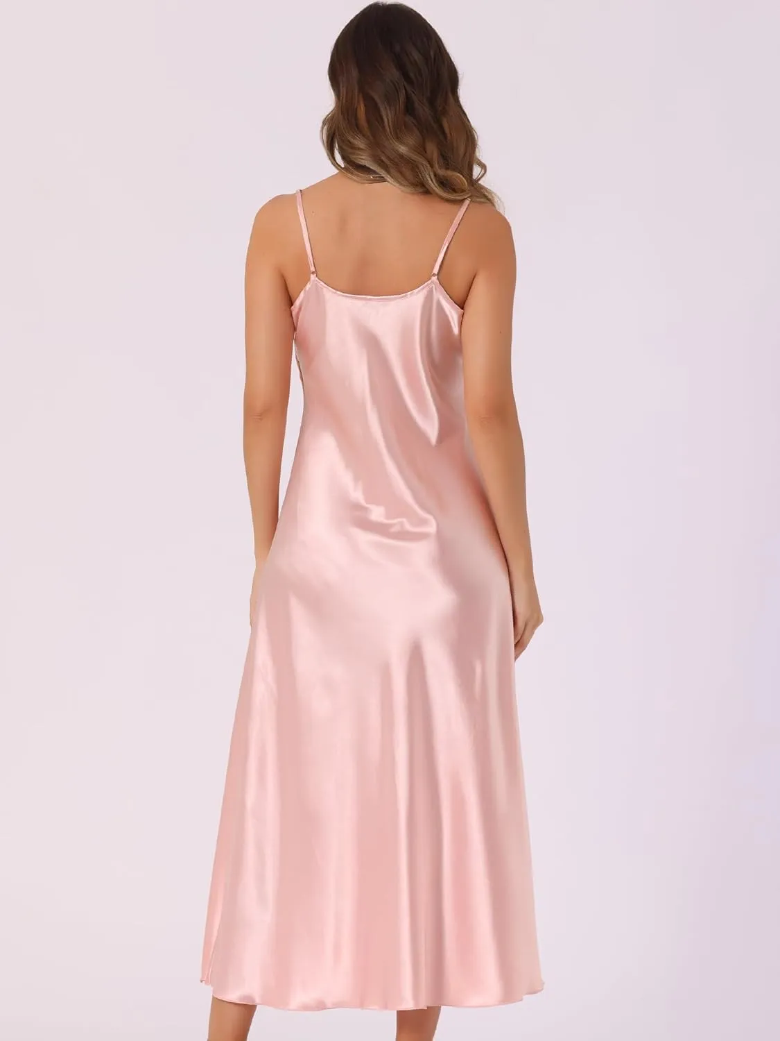 Allegra K Satin Sleeveless Dresses for Women's V Neck Spaghetti Strap Evening Party Silky Maxi Dress