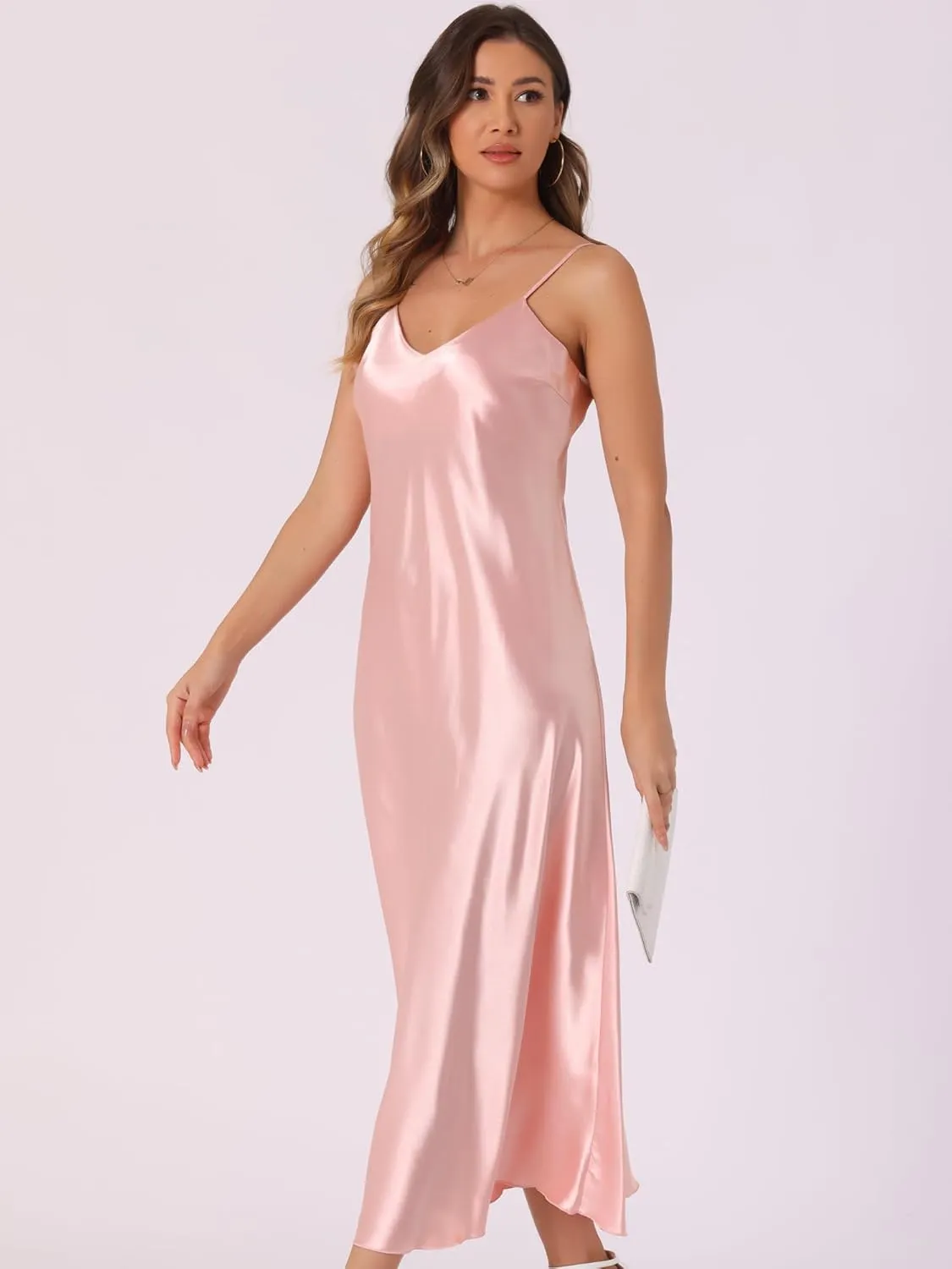 Allegra K Satin Sleeveless Dresses for Women's V Neck Spaghetti Strap Evening Party Silky Maxi Dress