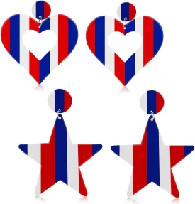 American Earrings for Women, Acrylic Flag, Heart & Star Shaped, 2 Pairs, Red White Blue Patriotic, 4th of July Earrings, Independence Day Gift for American Women