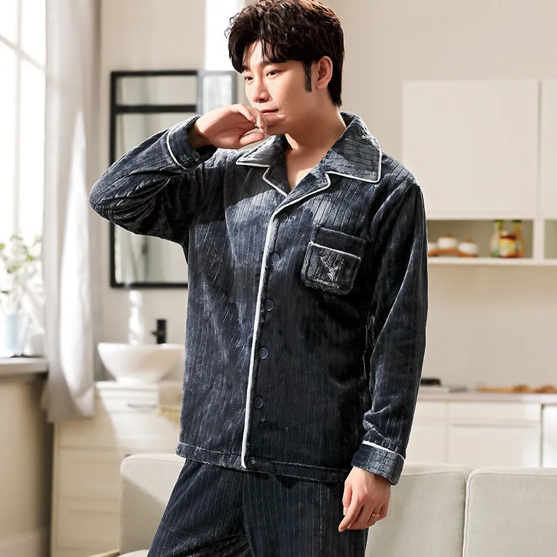 Autumn And Winter Flannel Men's Pajamas Men's Lapel Cardigan