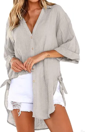 Bozanly Casual V Neck 3/4 Sleeve Button Down Shirts High Low Oversized Summer Beach Blouse Tops for Women
