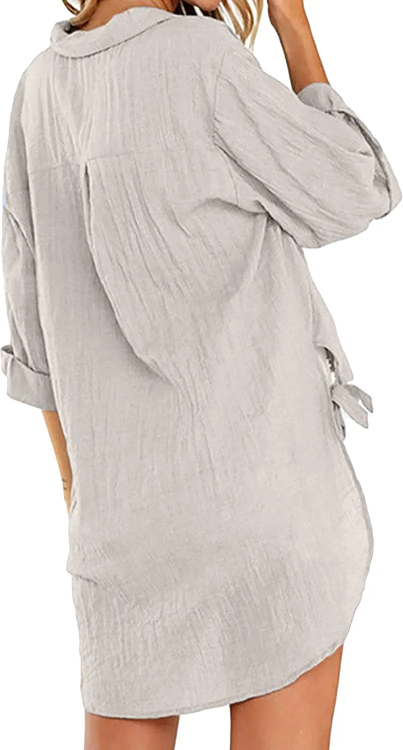 Bozanly Casual V Neck 3/4 Sleeve Button Down Shirts High Low Oversized Summer Beach Blouse Tops for Women