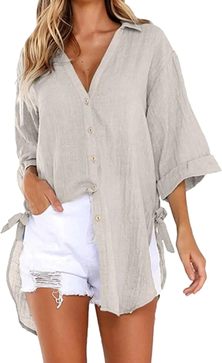 Bozanly Casual V Neck 3/4 Sleeve Button Down Shirts High Low Oversized Summer Beach Blouse Tops for Women