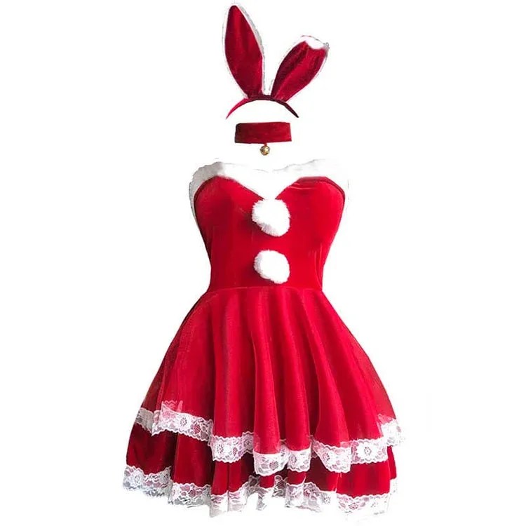 Christmas Cute Sexy Cosplay Fuzzy Ball Double Lace Dress