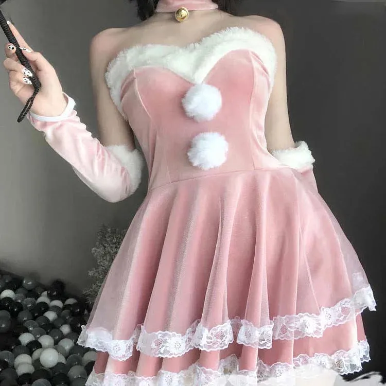Christmas Cute Sexy Cosplay Fuzzy Ball Double Lace Dress
