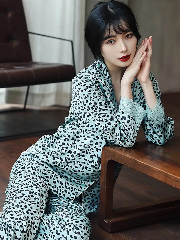 Comfortable Lapel Leopard T-Shirt&Pants Pajama Set