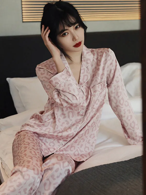 Comfortable Lapel Leopard T-Shirt&Pants Pajama Set