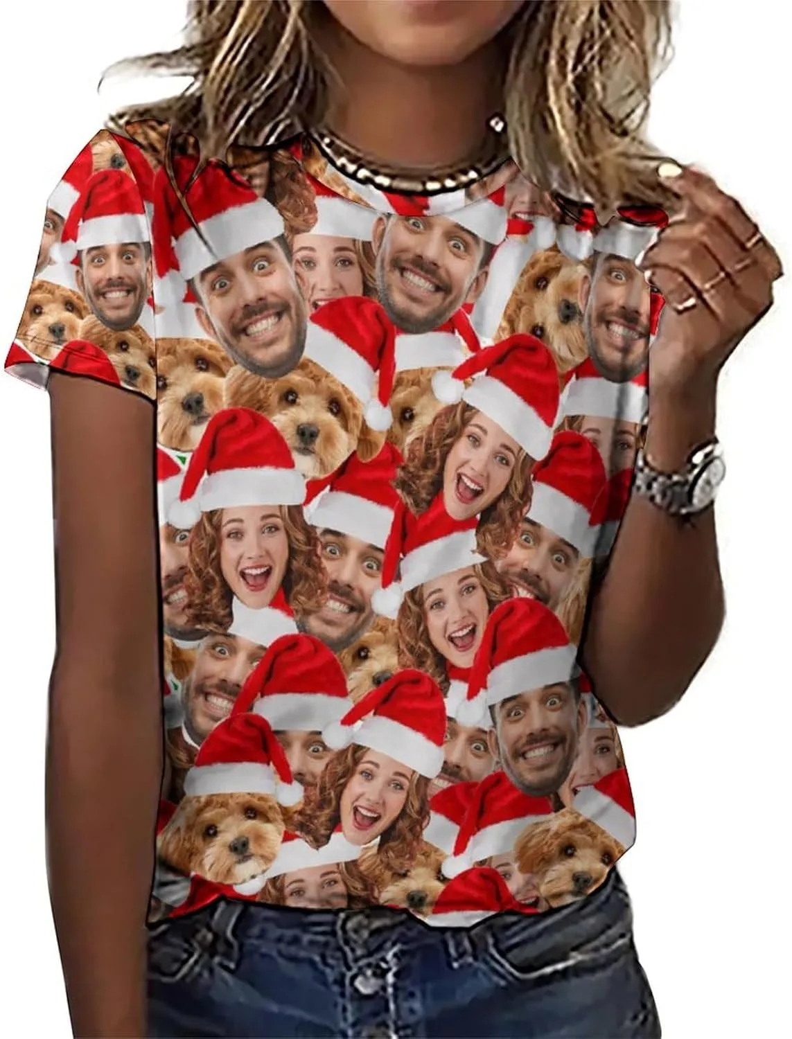 Custom Christmas Shirts for Men Women Family Matching Funny Faces Print Santa T-Shirts Personalized Tees