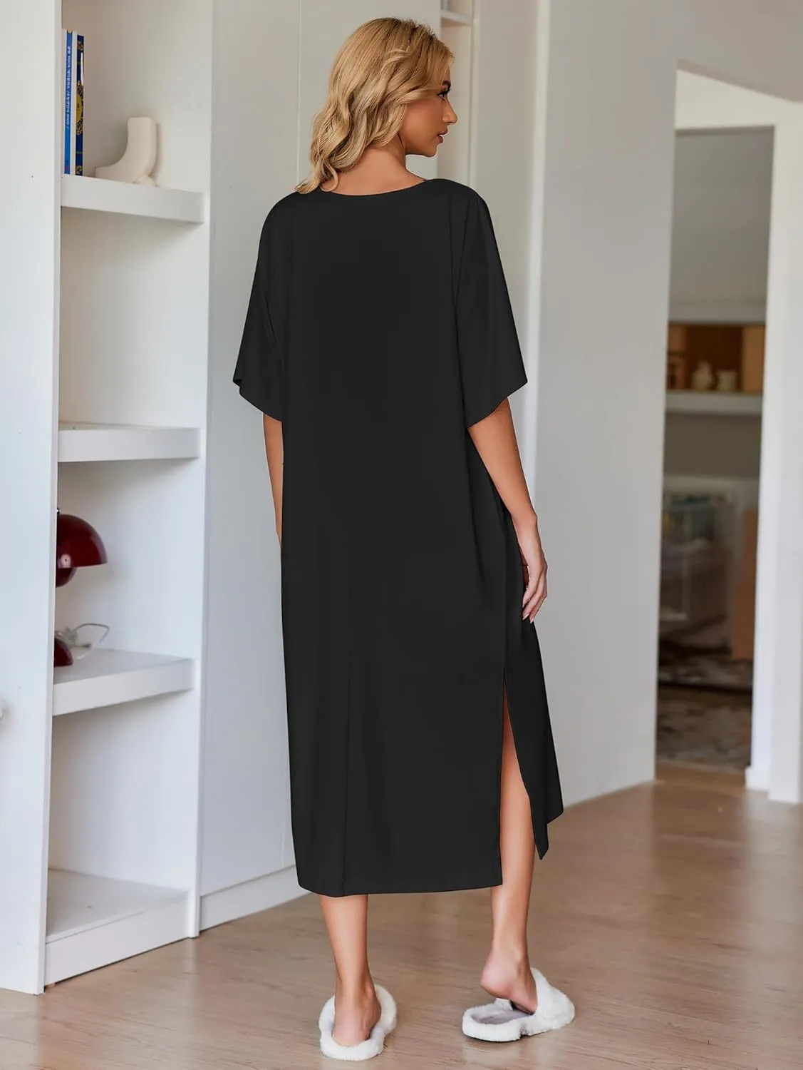 Ekouaer Women's Nightgown Short Sleeve Sleepshirt Long Loungewear Casual Maxi Lounge Dress House Dresses with Pockets