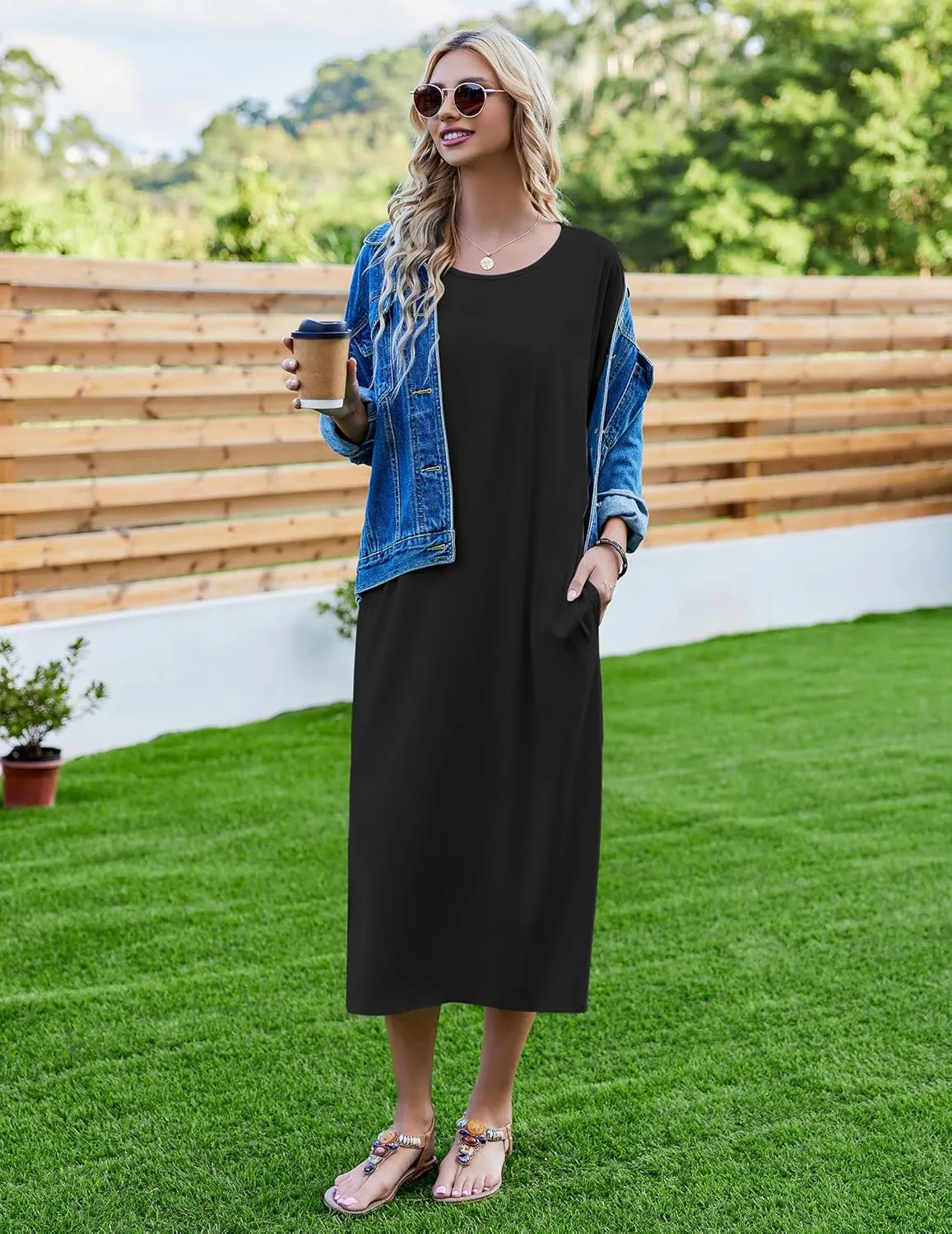 Ekouaer Women's Nightgown Short Sleeve Sleepshirt Long Loungewear Casual Maxi Lounge Dress House Dresses with Pockets