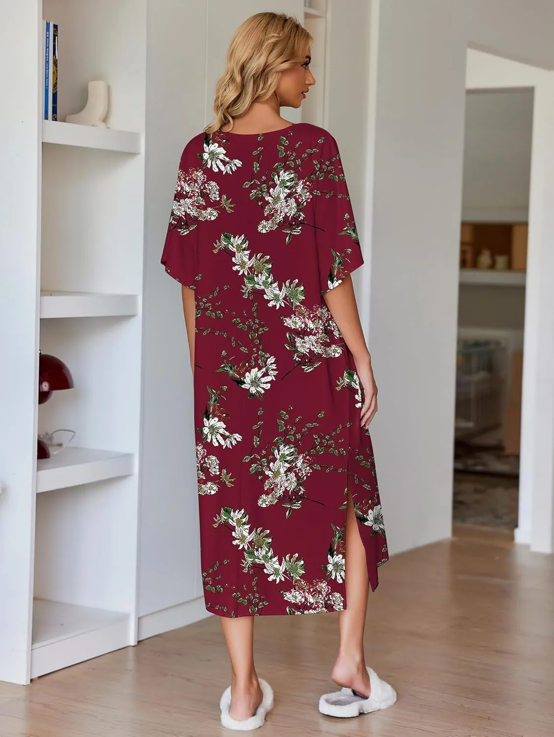 Ekouaer Women's Nightgown Short Sleeve Sleepshirt Long Loungewear Casual Maxi Lounge Dress House Dresses with Pockets