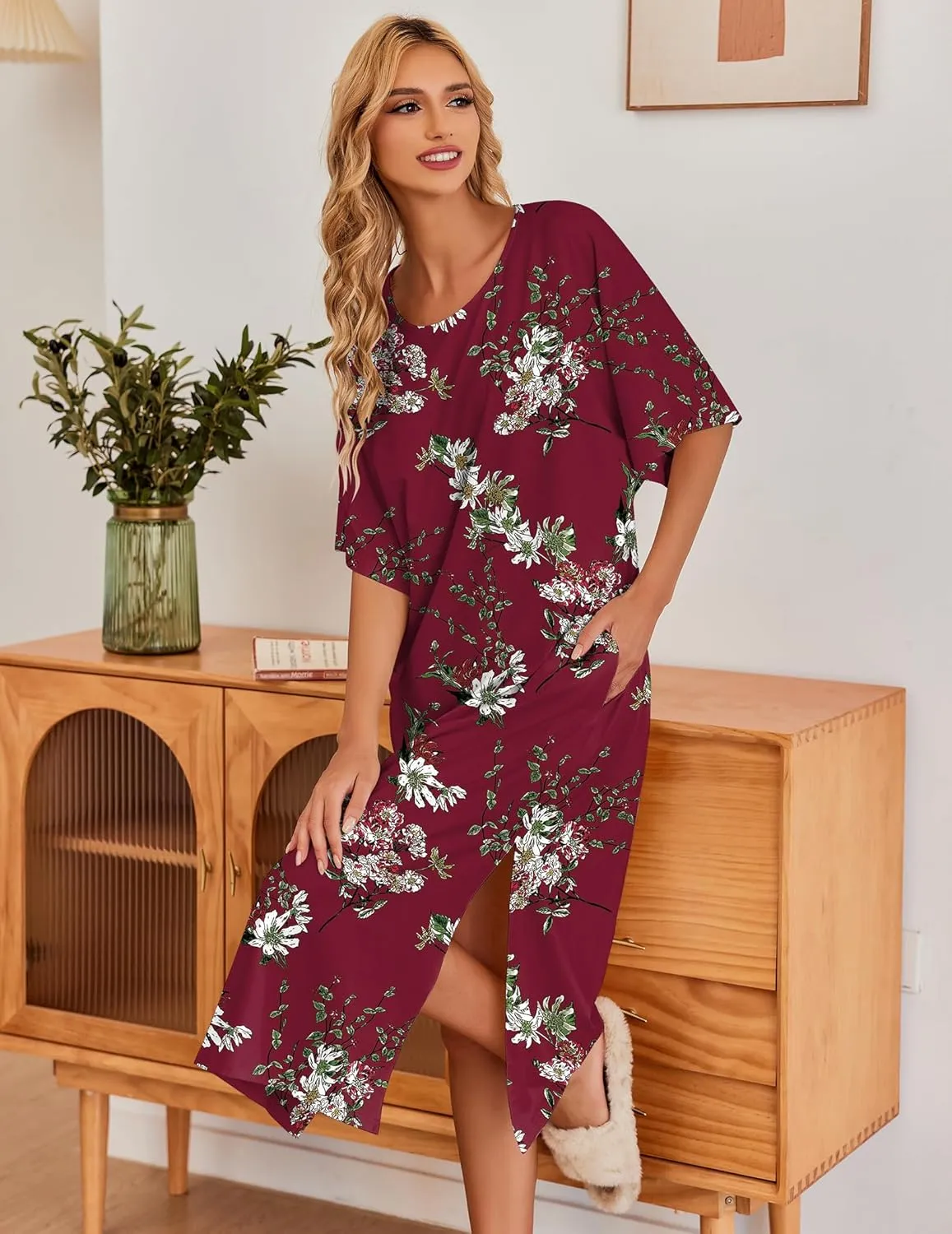 Ekouaer Women's Nightgown Short Sleeve Sleepshirt Long Loungewear Casual Maxi Lounge Dress House Dresses with Pockets
