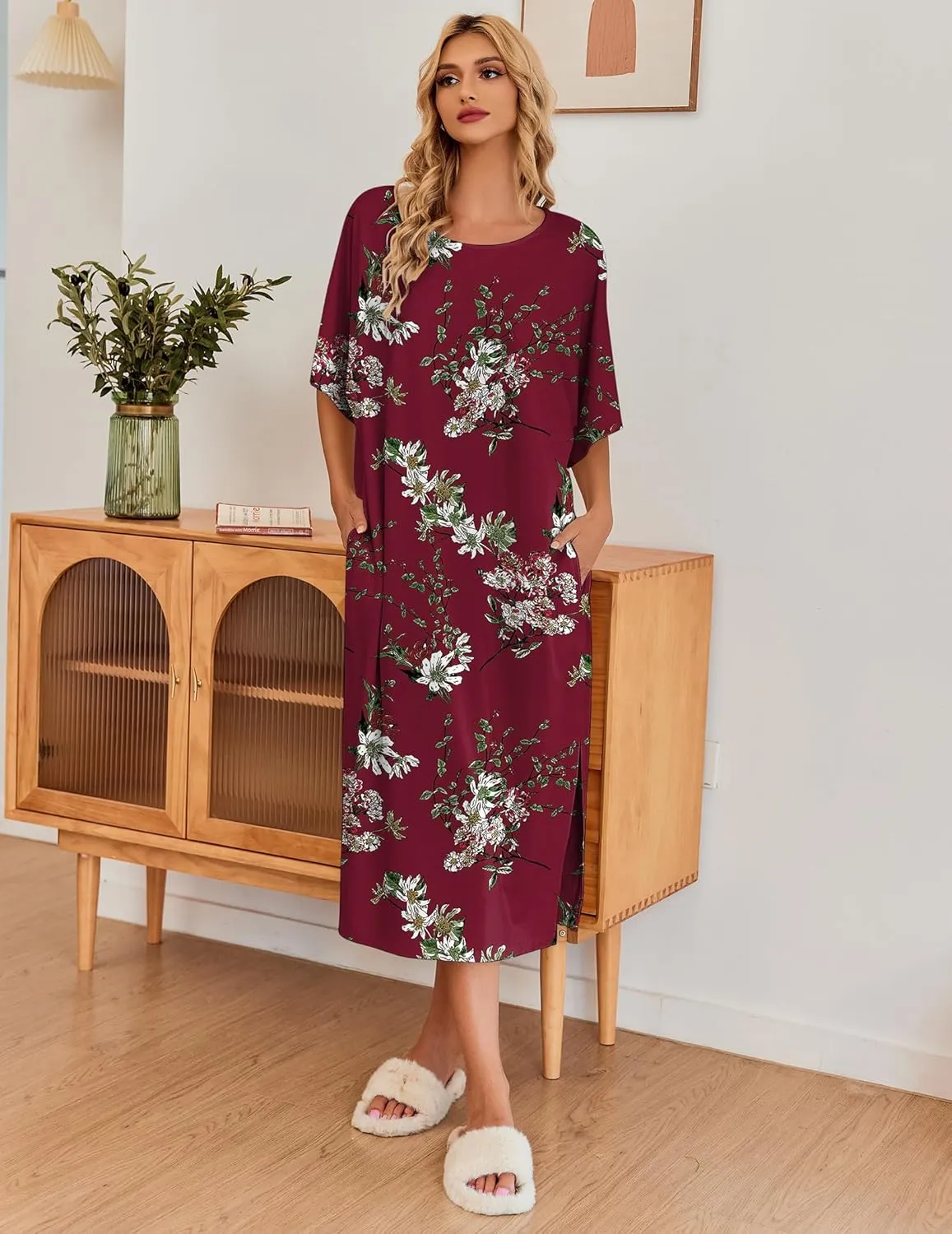 Ekouaer Women's Nightgown Short Sleeve Sleepshirt Long Loungewear Casual Maxi Lounge Dress House Dresses with Pockets