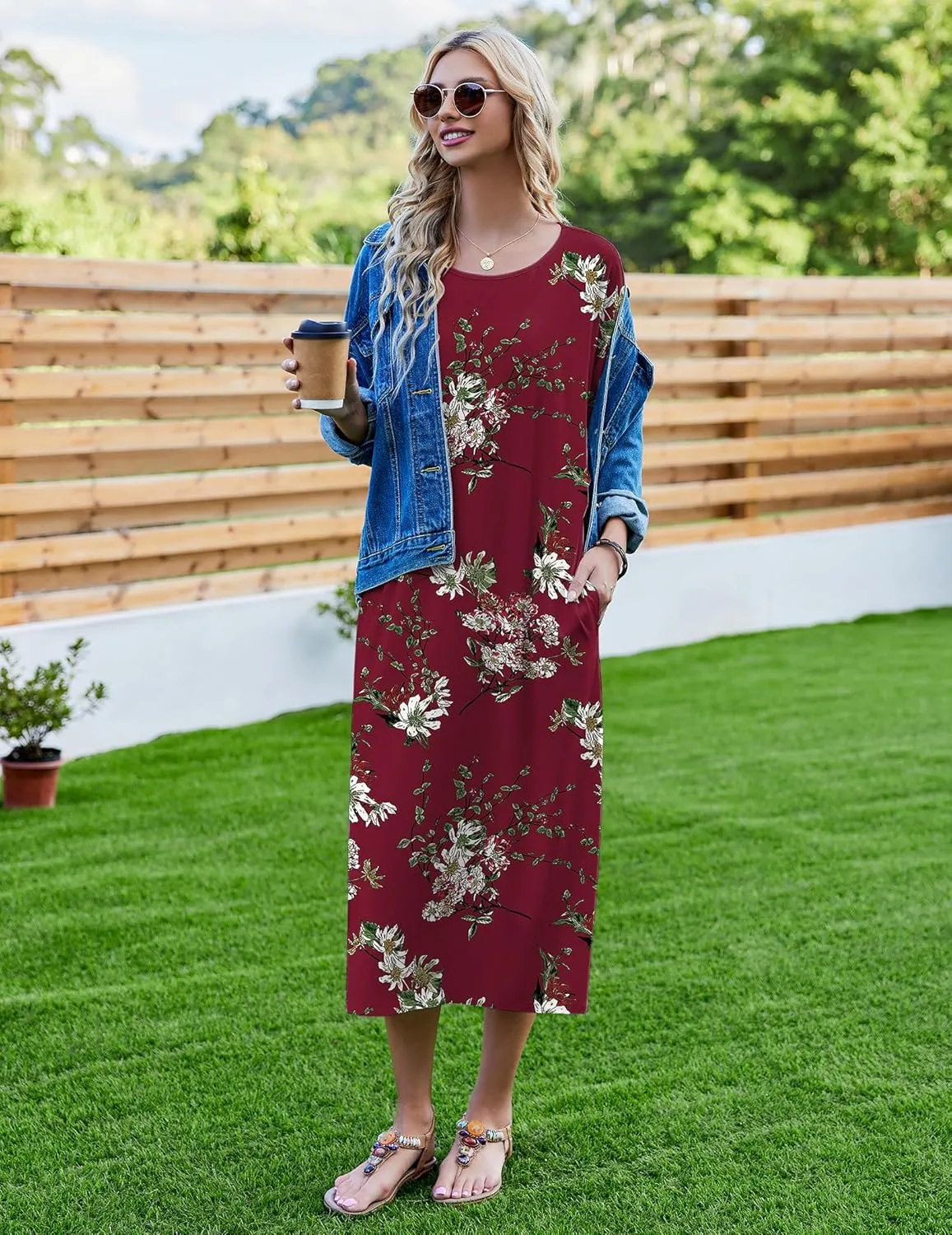 Ekouaer Women's Nightgown Short Sleeve Sleepshirt Long Loungewear Casual Maxi Lounge Dress House Dresses with Pockets