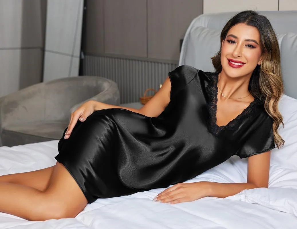 Ekouaer Women's Satin Nightgown Sleepwear Lace V Neck Side Slits Nightie Short Sleeves Nightshirt