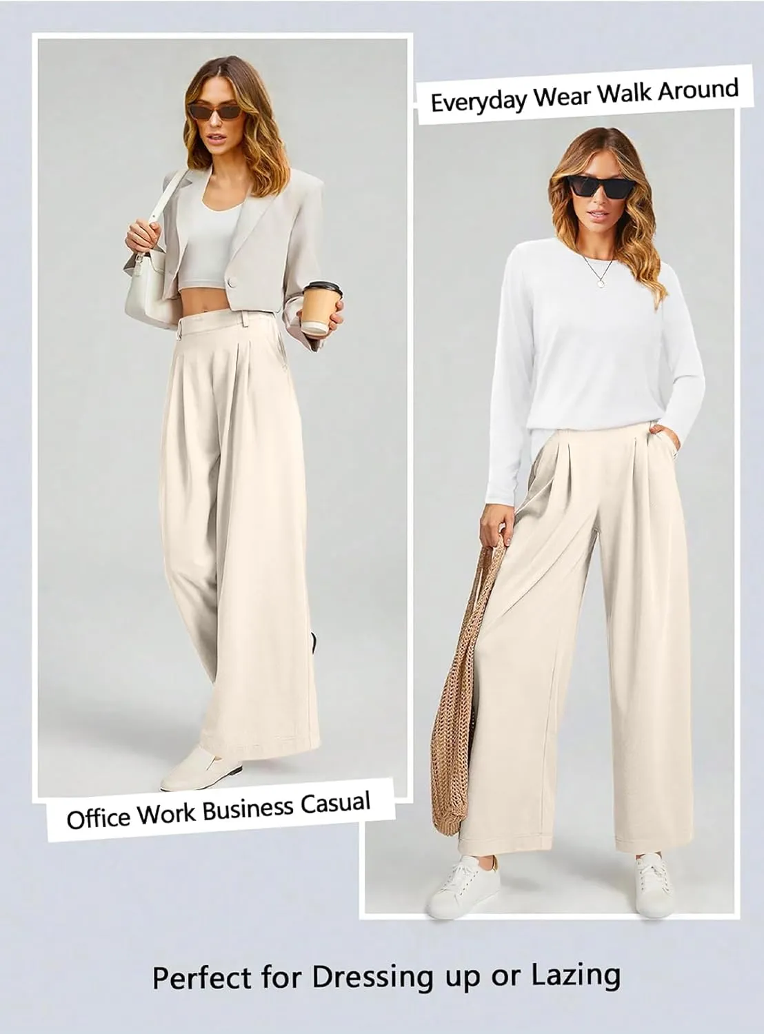 EVALESS Wide Leg Pants for Women Elastic High Waisted Waffle Knit Fleece Palazzo Pants Trousers with Pockets