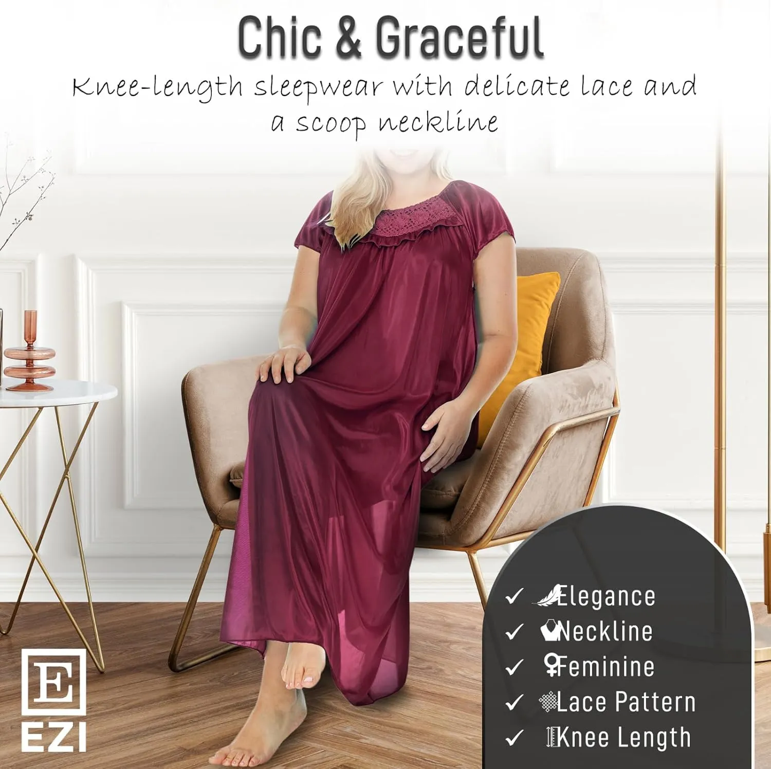 Ezi Satin Silk Nightgown For Women - Soft & Breathable Womens Sleepwear- Sexy Short Sleeves Womens Sleepwear, M - Plus Size