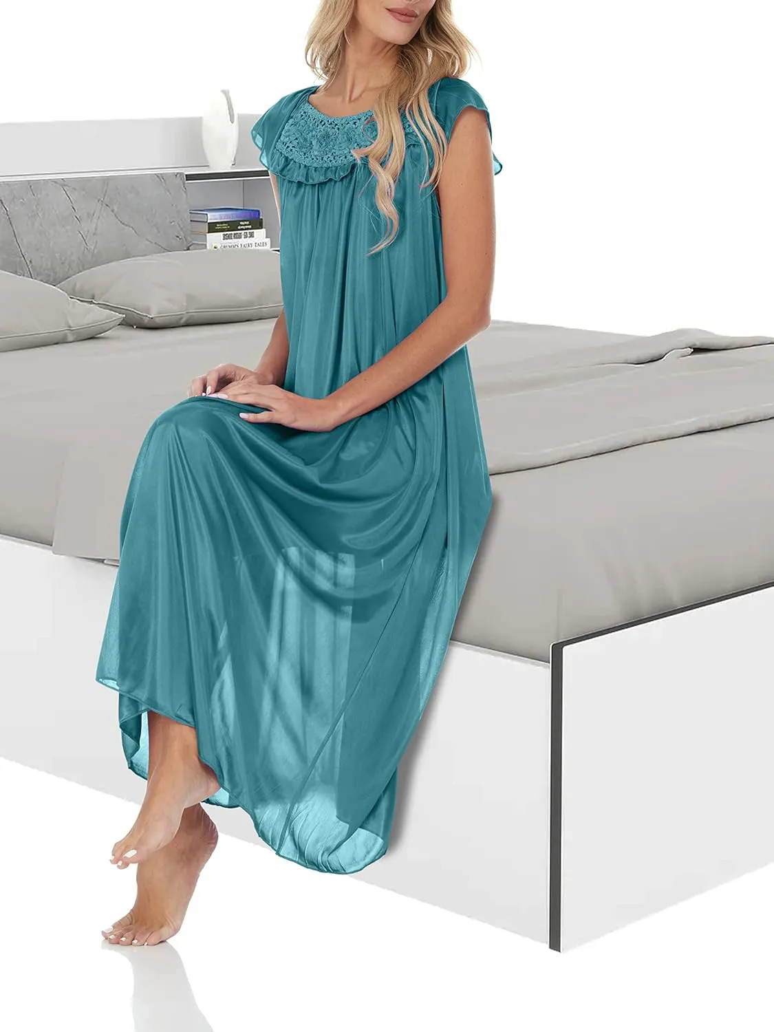 Ezi Satin Silk Nightgown For Women - Soft & Breathable Womens Sleepwear- Sexy Short Sleeves Womens Sleepwear, M - Plus Size
