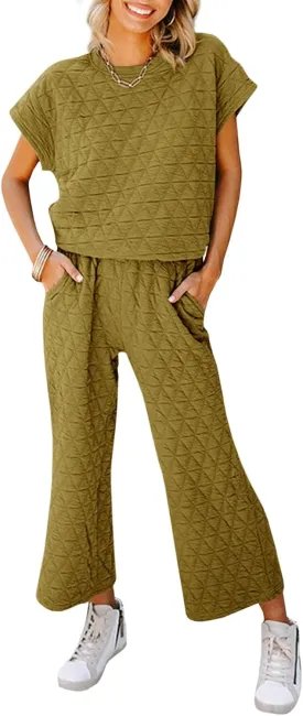 Fazortev Women's 2 Piece Outfits Quilted Lightweight Short Sleeve Tops and Cropped Pants Lounge Set