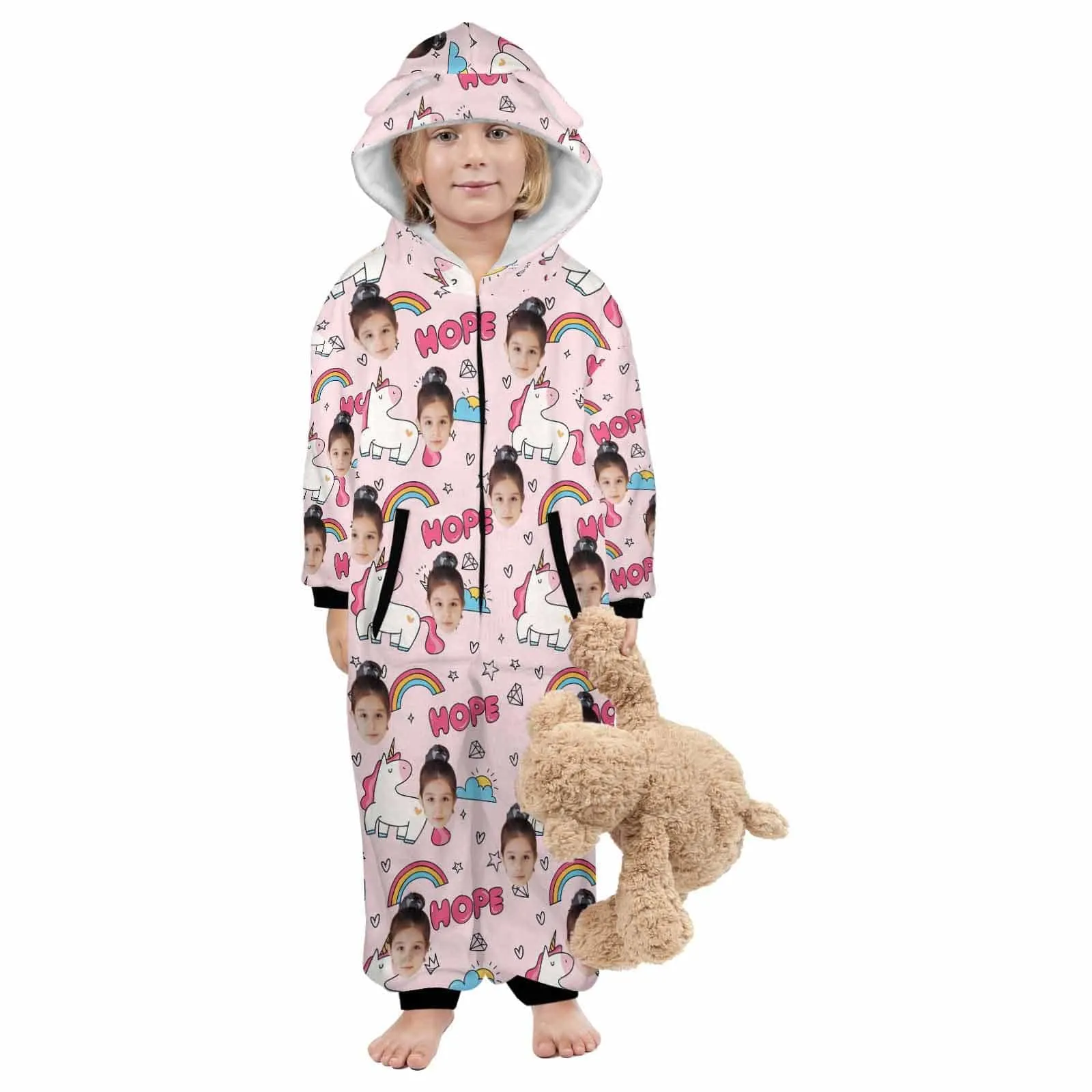 #For 2-15Y-Custom Face Unicorn Children's Coral Fleece Comfortable And Warm Zipper Onesie Pajamas One Piece Sleepwear
