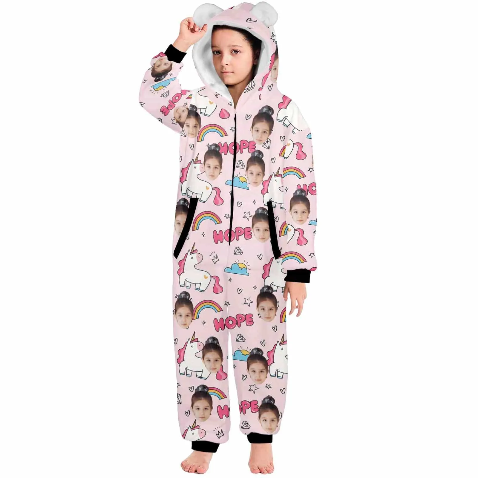 #For 2-15Y-Custom Face Unicorn Children's Coral Fleece Comfortable And Warm Zipper Onesie Pajamas One Piece Sleepwear