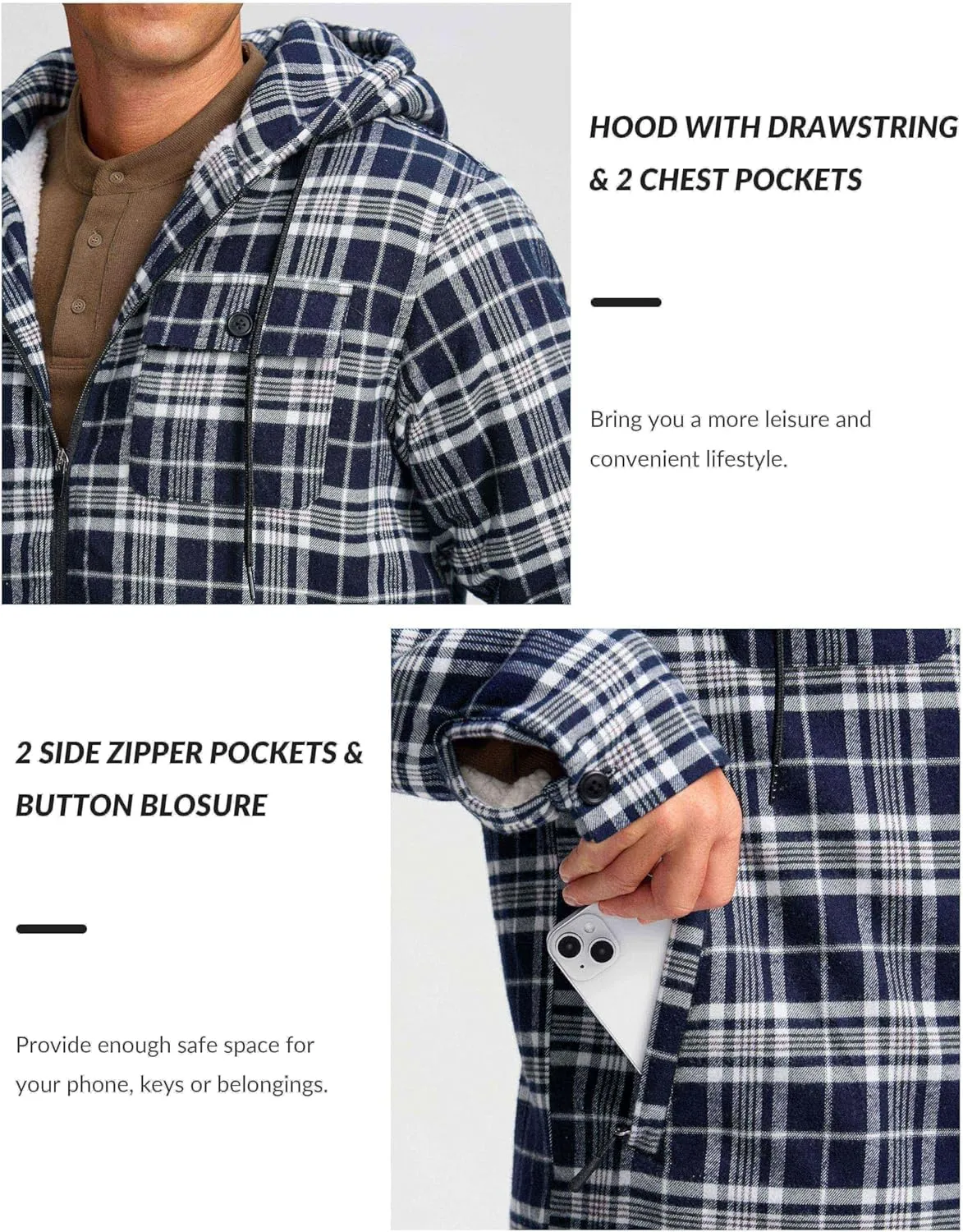 G Gradual Men's Flannel Jacket Fleece Sherpa Lined Hoodies Zip Up Plaid Shirt Warm Winter Jackets for Men with Zipper Pockets