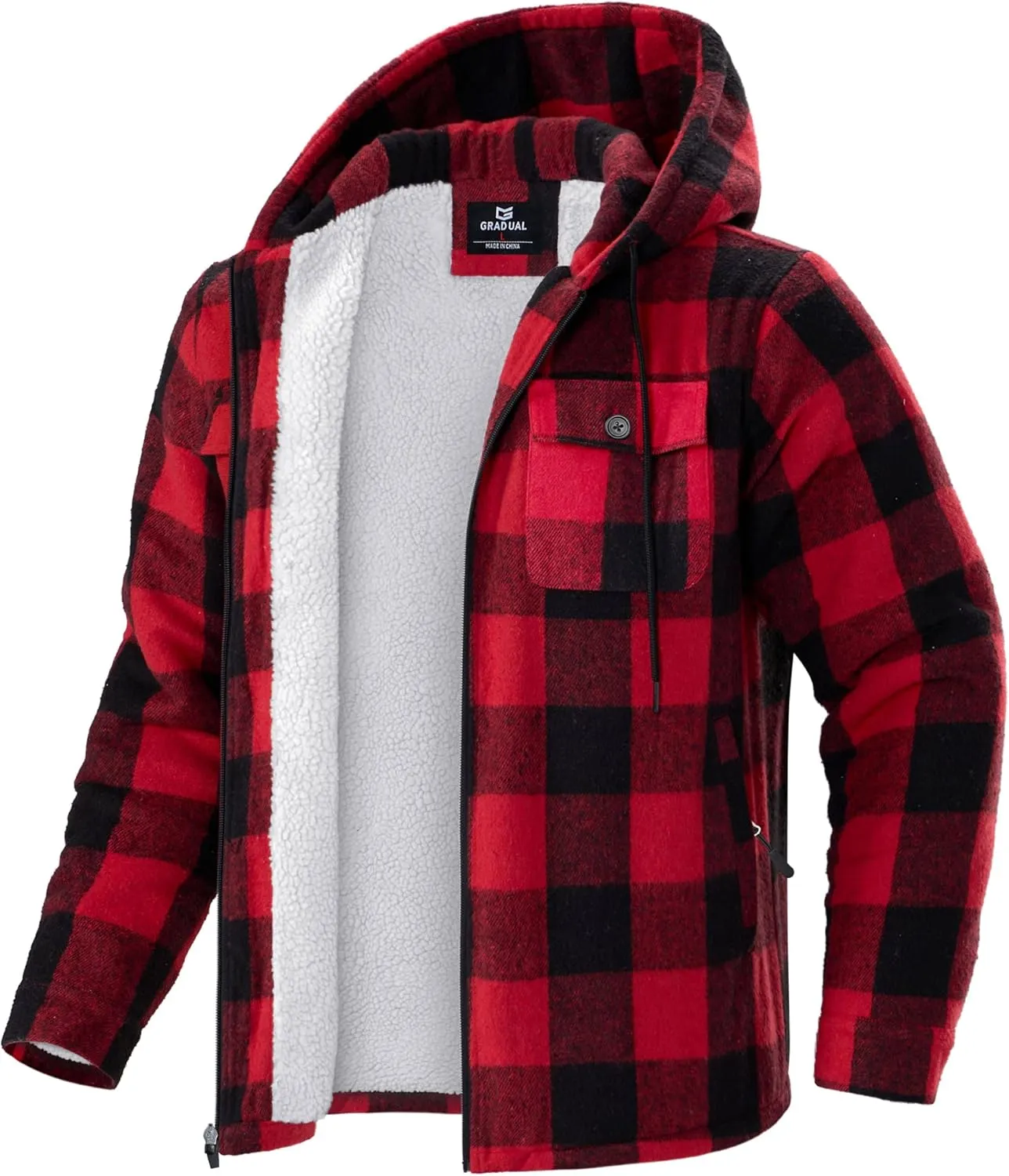 G Gradual Men's Flannel Jacket Fleece Sherpa Lined Hoodies Zip Up Plaid Shirt Warm Winter Jackets for Men with Zipper Pockets