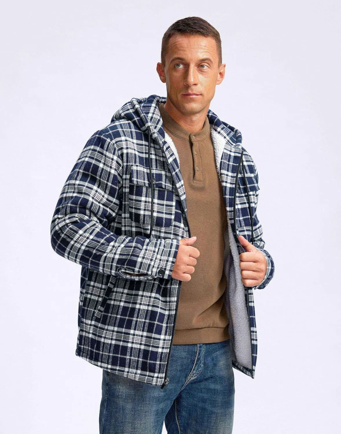 G Gradual Men's Flannel Jacket Fleece Sherpa Lined Hoodies Zip Up Plaid Shirt Warm Winter Jackets for Men with Zipper Pockets