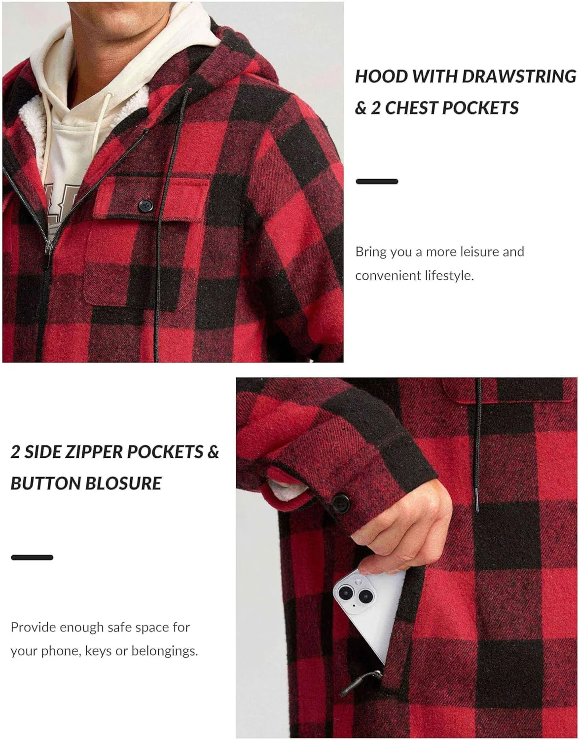 G Gradual Men's Flannel Jacket Fleece Sherpa Lined Hoodies Zip Up Plaid Shirt Warm Winter Jackets for Men with Zipper Pockets