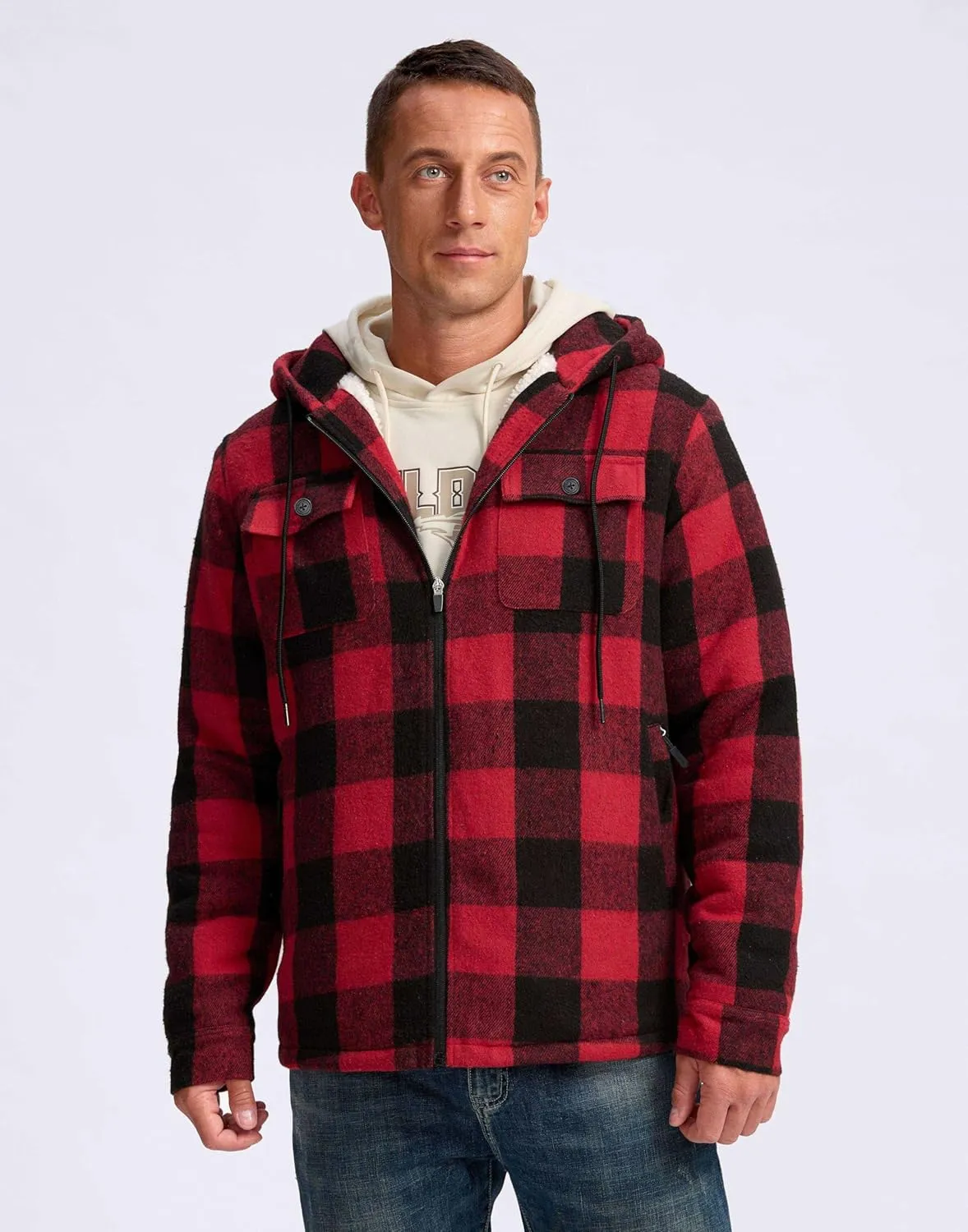 G Gradual Men's Flannel Jacket Fleece Sherpa Lined Hoodies Zip Up Plaid Shirt Warm Winter Jackets for Men with Zipper Pockets