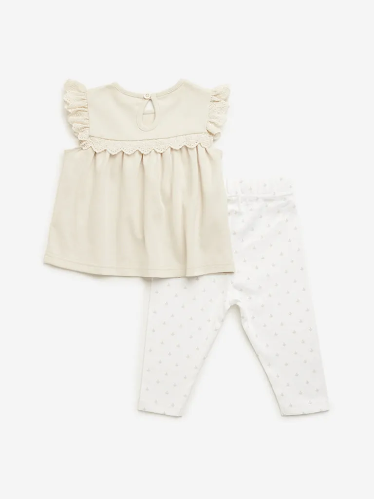 HOP Baby Beige Schiffli Design Top & Pants Set