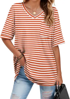 HOTOUCH Women Oversized T Shirts V Neck Short Sleeve Tees Casual Loose Tunic Summer Tops with Pocket