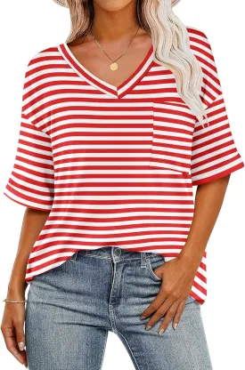 HOTOUCH Women Oversized T Shirts V Neck Short Sleeve Tees Casual Loose Tunic Summer Tops with Pocket