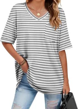 HOTOUCH Women Oversized T Shirts V Neck Short Sleeve Tees Casual Loose Tunic Summer Tops with Pocket