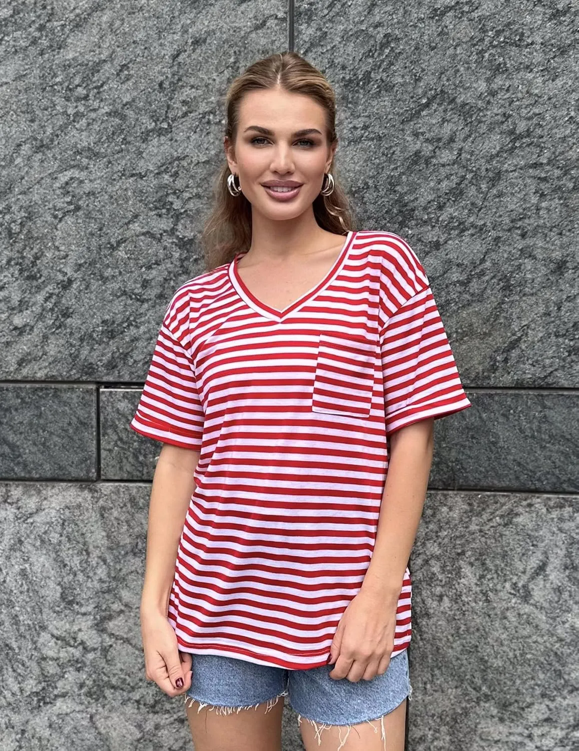 HOTOUCH Women Oversized T Shirts V Neck Short Sleeve Tees Casual Loose Tunic Summer Tops with Pocket