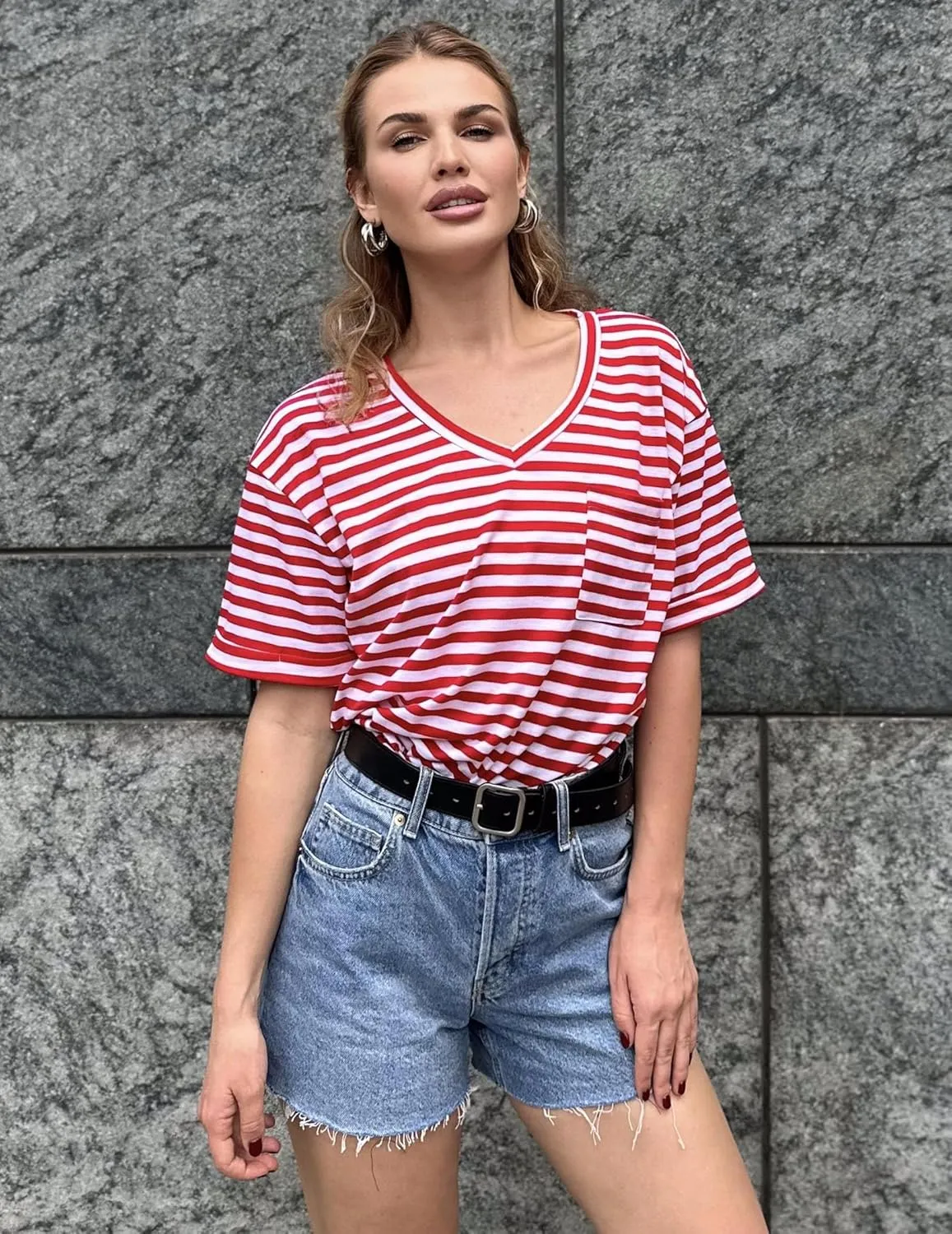 HOTOUCH Women Oversized T Shirts V Neck Short Sleeve Tees Casual Loose Tunic Summer Tops with Pocket