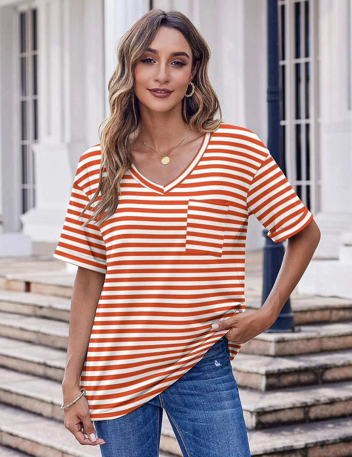 HOTOUCH Women Oversized T Shirts V Neck Short Sleeve Tees Casual Loose Tunic Summer Tops with Pocket