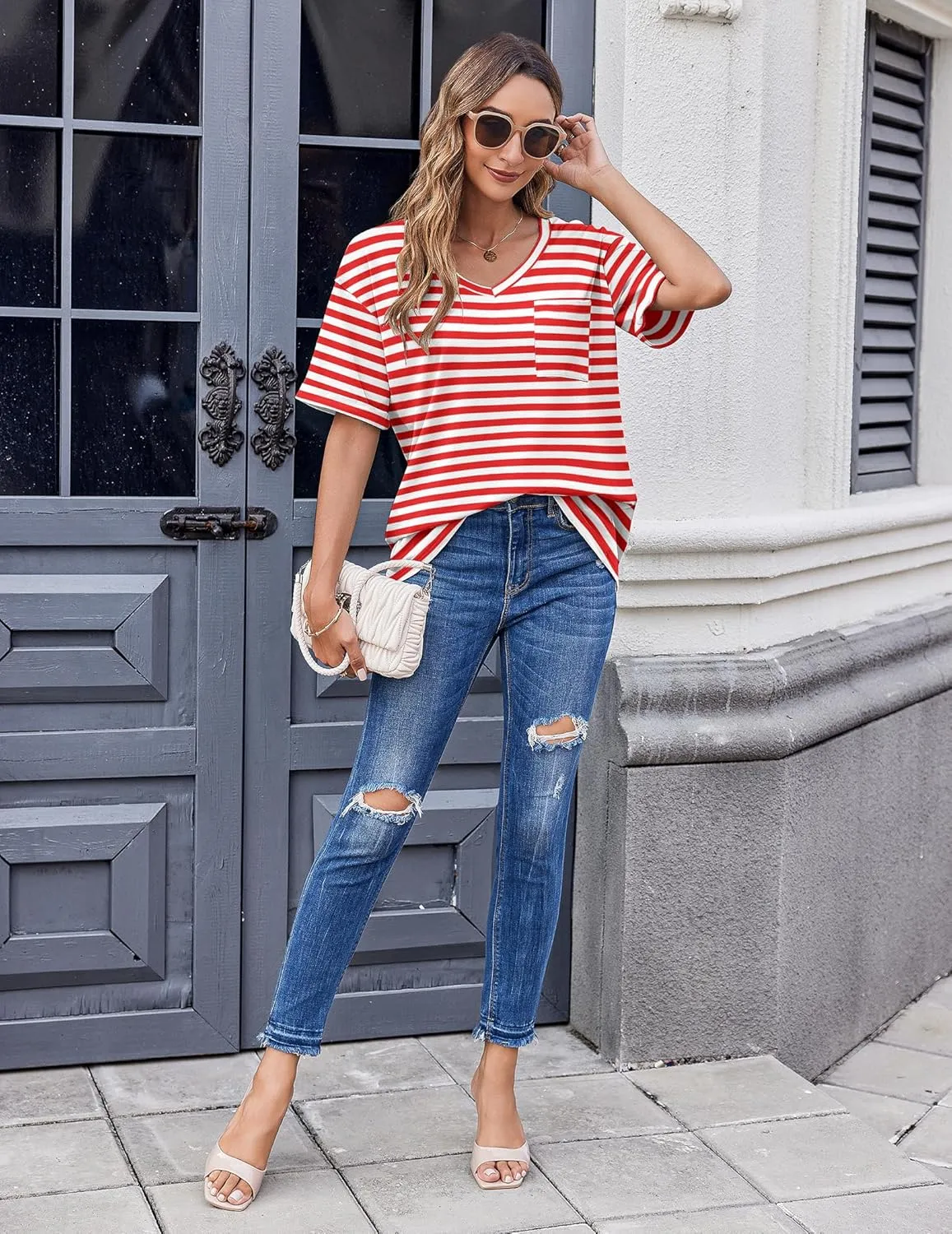 HOTOUCH Women Oversized T Shirts V Neck Short Sleeve Tees Casual Loose Tunic Summer Tops with Pocket