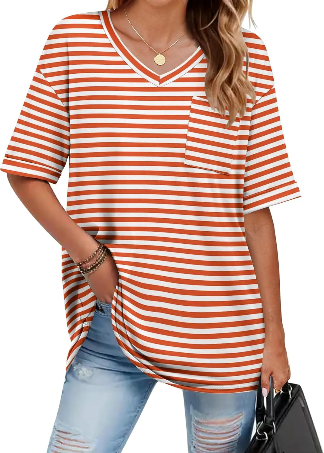 HOTOUCH Women Oversized T Shirts V Neck Short Sleeve Tees Casual Loose Tunic Summer Tops with Pocket