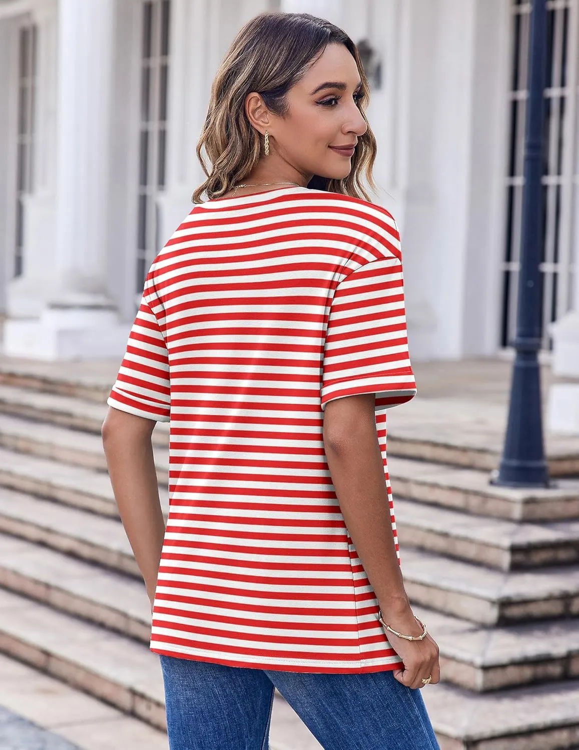 HOTOUCH Women Oversized T Shirts V Neck Short Sleeve Tees Casual Loose Tunic Summer Tops with Pocket