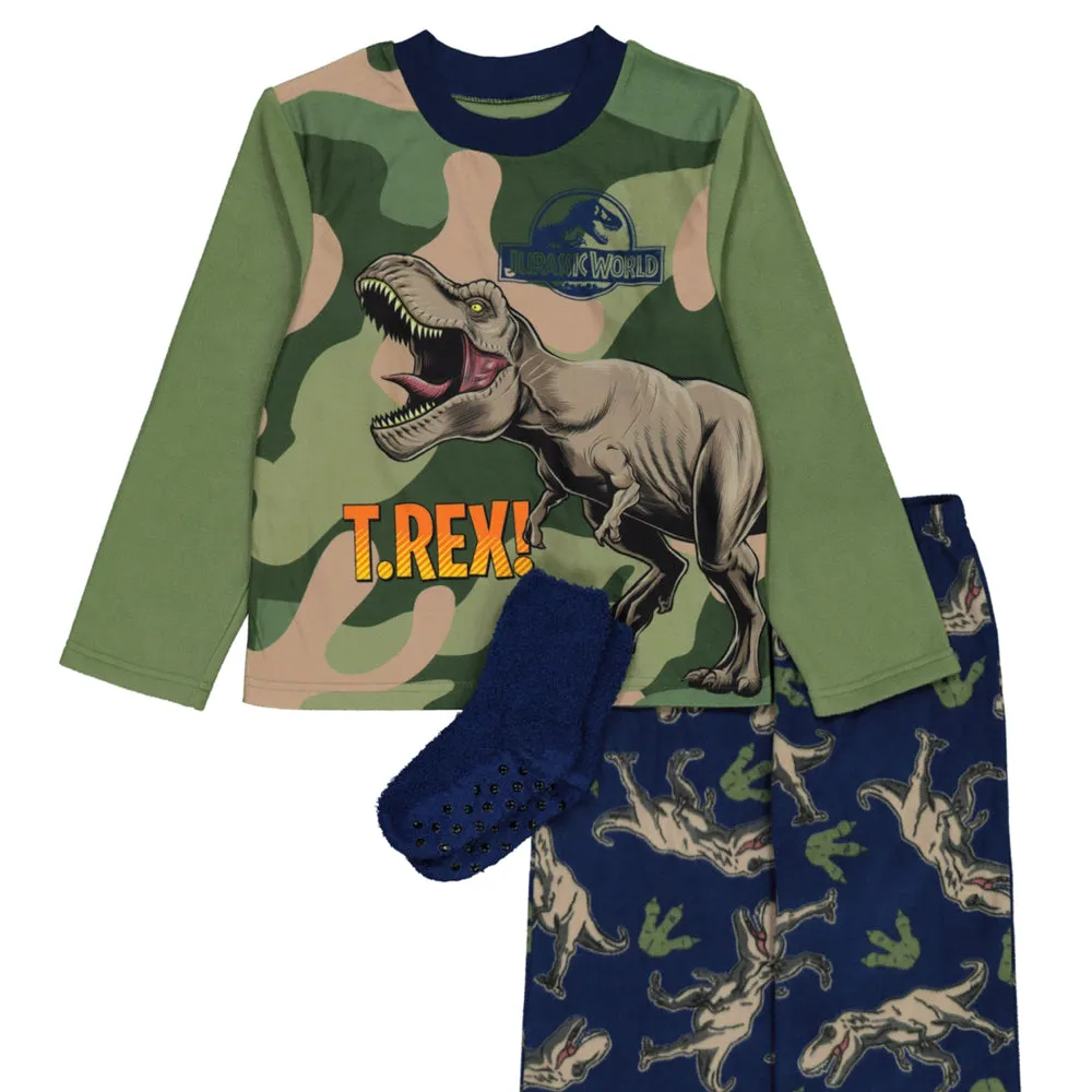 Jurassic Boys Pajama Set with Socks, Long Sleeve Top and Pants 3PC PJ Outfit, 4-10, Green