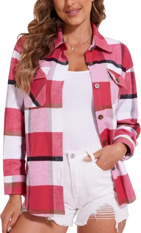 MAGCOMSEN Women's Flannel Plaid Shirts Button Down Long Sleeve Soft Flannel Shacket Loose Fit Casual Blouse Tops