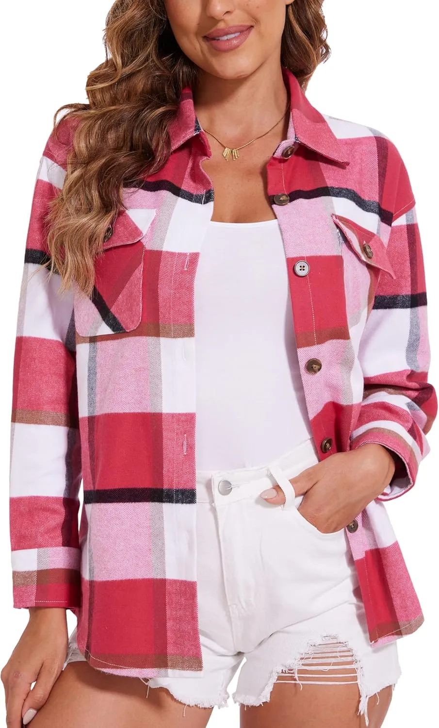 MAGCOMSEN Women's Flannel Plaid Shirts Button Down Long Sleeve Soft Flannel Shacket Loose Fit Casual Blouse Tops