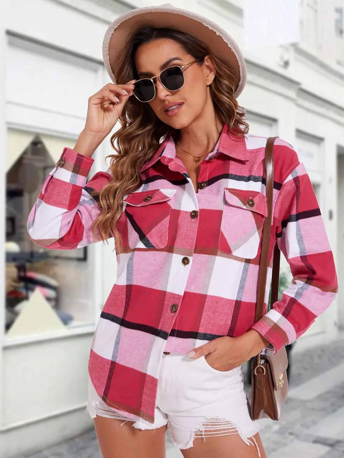MAGCOMSEN Women's Flannel Plaid Shirts Button Down Long Sleeve Soft Flannel Shacket Loose Fit Casual Blouse Tops