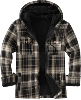 Men's Flannel Plaid Hooded Jackets Full Zip Sherpa Fleece Lined Hoodies Fashion Warm Coat