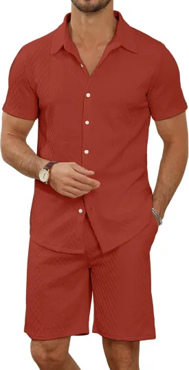 MLANM Men's 2 Piece Outfit Summer Short Sleeve Button Down Shirts and Shorts Sets with Pockets